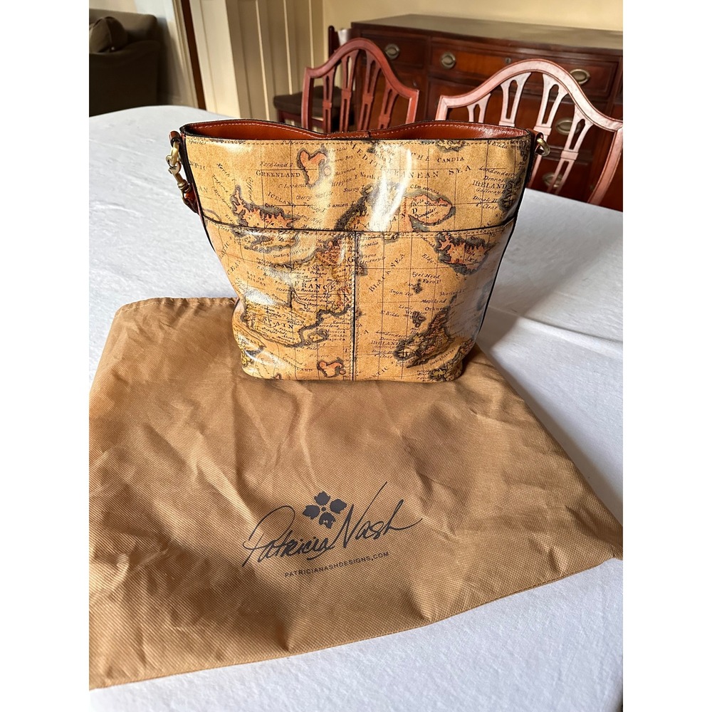 Patricia Nash Ledra Map Print Leather Shoulder Bag Bucket Cognac Vintage Style